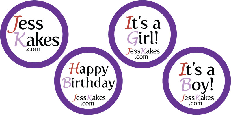 Gift tags for JessKakes.com: website, Happy Birthday, birth announcements