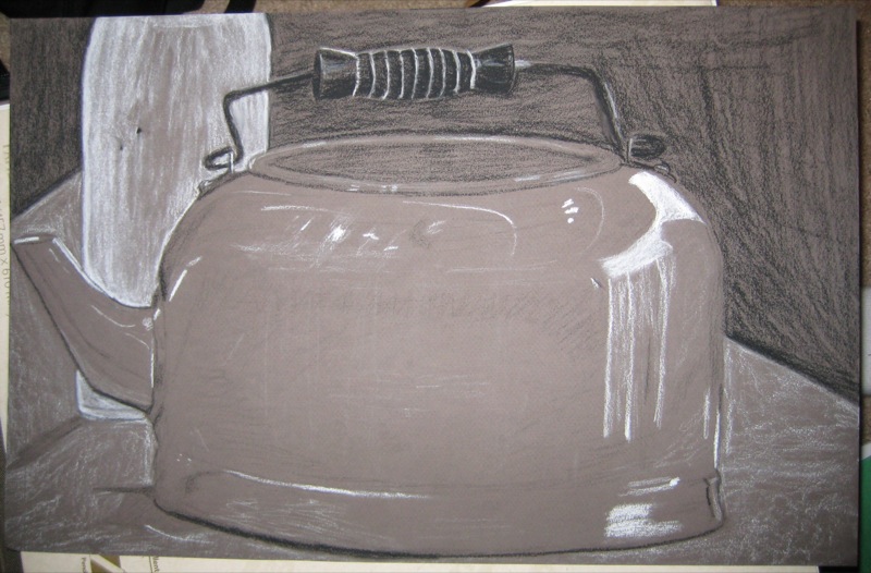 Charcoal drawing of metal kettle